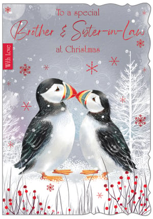 Make Christmas extra special for a beloved Brother & Sister-in-Law with this charming card. Featuring two adorable puffins nestled together in a snowy, festive scene, complete with delicate snowflakes and winter berries, it perfectly captures the warmth and love of the season. The vibrant colours of the puffins' beaks add a delightful touch to the serene winter backdrop. This beautiful card is sure to bring a smile to their faces. Supplied by Out of The Blue Studios Ltd., each pack contains 6 cards, ready to stock your shelves for the festive period.