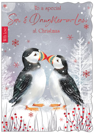 Offer your customers this truly heartwarming Christmas card, perfect for celebrating a special Son & Daughter-in-Law. Featuring an adorable pair of puffins nuzzling amidst a beautiful snowy landscape, complete with frosted trees and festive red berries, this design from Out of The Blue Studios Ltd. captures the magic of the season. The charming illustration and tender message "To a special Son & Daughter-in-Law at Christmas" make it an ideal choice for conveying love and best wishes. This delightful card is sure to stand out on any display. Available in a convenient pack of 6.