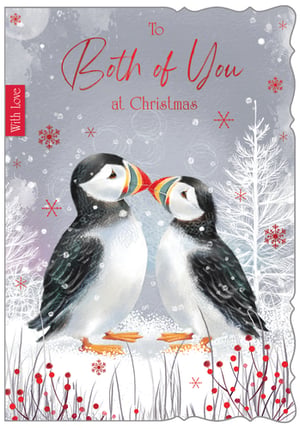 Introduce a touch of winter magic to your Christmas card selection with our delightful 'To Both' design. This charming card features two adorable puffins, their beaks gently touching, set against a serene snowy backdrop. Delicate white trees, falling snowflakes, and vibrant red berries create a truly enchanting festive scene. The elegant red script conveys a warm message: "To Both of You at Christmas," making it perfect for sending heartfelt wishes to couples. A subtle 'With Love' banner adds an extra touch of affection. Supplied by Out of The Blue Studios Ltd., these beautiful cards come in a convenient pack size of 1x6, ensuring you're well-stocked for the festive season.