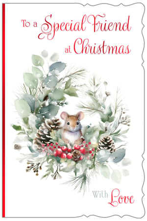 Send warm festive wishes to a cherished friend this Christmas with our delightful 'Friend Female' Christmas card. This charming design features an adorable mouse nestled amongst a beautiful watercolour wreath of frosted eucalyptus, pine needles, rich red berries, and natural pine cones. The heartfelt message 'To a Special Friend at Christmas' is elegantly scripted, finished with 'With Love'. Perfect for spreading joy, these cards are sure to bring a smile to any special female friend. Available in a convenient pack of 6, they're an ideal addition to your seasonal greeting card collection. From Out of The Blue Studios Ltd.