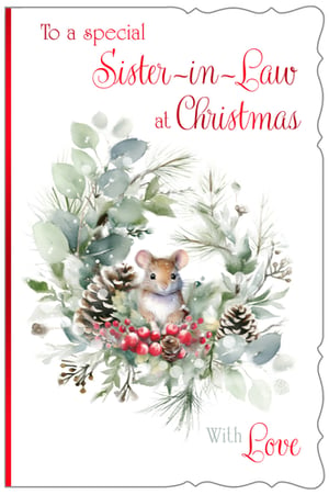 Celebrate your Sister-in-Law this Christmas with this utterly charming card from Out of The Blue Studios Ltd. Featuring an adorable little mouse peeking out from a beautifully illustrated watercolour wreath, complete with frosted eucalyptus, pine cones, and vibrant red berries, it captures the magic of the season. The heartfelt message 'To a special Sister-in-Law at Christmas' is complemented by a warm 'With Love' sentiment. This delightful design offers a gentle, natural aesthetic that your customers will adore. Each pack contains 6 cards, perfect for adding a touch of festive warmth to your retail offering.