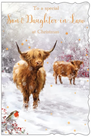 Delight your customers with this heartwarming Christmas card, specially designed for a Son & Daughter-in-Law. Featuring a charming winter wonderland scene, two majestic Highland cows stand gracefully in the snow, accompanied by a festive robin perched on berry-laden branches. The soft, snowy backdrop and sparkling details create a truly magical atmosphere. This beautiful card, from Out of The Blue Studios Ltd., offers a warm and loving message for a special couple during the festive season. Available in a convenient pack of 6, it's a perfect addition to your Christmas card collection.