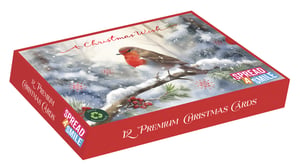 Bring festive cheer to your customers with these exquisite 12 Landscape Premium 'Slide' Festive Robin Christmas Cards from Out of The Blue Studios Ltd. Each box contains 12 beautifully designed cards, featuring a charming robin perched on a snow-dusted branch, adorned with red berries and the heartwarming message 'A Christmas Wish'. The serene winter scene is perfect for sending season's greetings.
These premium cards are not only stunning but also environmentally conscious, proudly displaying a 'Fully Recycled' logo. Plus, with every purchase, you're helping to 'Spread a Smile'. Stock up with our convenient 1x6 pack size and offer your customers a truly special way to connect this Christmas.