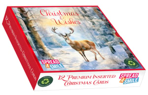 Send warm festive greetings this Christmas with our beautiful 'Woodland Visit' premium card set. This delightful box contains 12 square Christmas cards, all featuring the same enchanting design: a majestic deer amidst a serene, snow-dusted forest, illuminated by a soft, festive glow. Perfect for sending your heartfelt Christmas Wishes and helping to Spread a Smile this season. These premium inserted cards are not only beautiful but also fully recyclable, offering a thoughtful and eco-friendly way to share your festive cheer.