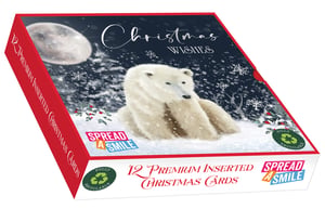 Bring the magic of a winter wonderland to your customers this festive season with our 12 Square Premium 'Slide' Moonlight Walk Christmas Cards. Each box contains 12 beautifully designed cards, featuring a serene polar bear under a glowing moon in a snowy landscape, perfect for sending warm Christmas wishes. These premium inserted cards offer exceptional quality and a touch of elegance.
What's more, they are fully recyclable, making them a thoughtful and eco-friendly choice for conscious consumers. Plus, with every purchase, you help 'Spread a Smile', adding extra warmth to the season. This enchanting single design per box is a must-have for your Christmas card selection.