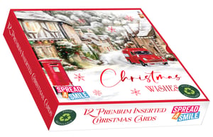 Bring the magic of a traditional Christmas village to your customers with these enchanting premium cards from Out of The Blue Studios Ltd. Each box contains 12 beautifully inserted cards, all featuring the same heartwarming design: a picturesque snowy village scene complete with a classic red post box and a charming vintage red van.
These 'Village Post Cards' are perfect for spreading festive cheer and evoking nostalgic Christmas wishes. Not only are they designed to 'Spread a Smile', but they are also fully recyclable, offering an eco-friendly option for the holidays. Stock up with our convenient pack size of 6 boxes, ensuring your shelves are ready for the festive season.
