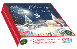 Introduce a touch of winter wonder to your Christmas card selection with our 12 Square Premium 'Slide' Winter Blessings Cards. Each box features a single, enchanting design: a serene snowy landscape with a charming church, moonlit sky, and a peaceful dove. These premium inserted cards are designed to spread smiles and blessings this festive season.
Your customers will appreciate that they are fully recyclable, making them a thoughtful and eco-conscious choice. Supplied by Out of The Blue Studios Ltd, these delightful cards come in a convenient wholesale pack of 6 boxes, ensuring you're perfectly stocked for the holidays. Offer your customers a truly special way to send their festive greetings.