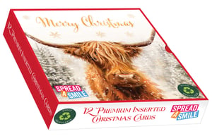 Send warm wishes this Christmas with our delightful Highland Blizzard cards! Each premium 'slide' box contains 12 square cards, all featuring the same charming design of a majestic Highland cow amidst a snowy wonderland. The "Merry Christmas" greeting in elegant gold script adds a festive touch.
These beautiful cards are perfect for sharing festive joy and are fully recyclable too, helping you spread a smile this holiday season. With their premium quality and unique design, they're sure to stand out on any mantelpiece.