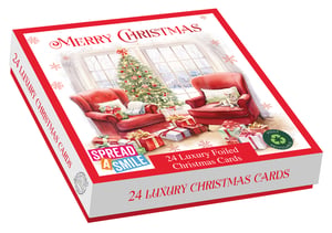 Offer your customers the warmth of the season with our 24 Luxury Cards Cosy Christmas collection from Out of The Blue Studios Ltd. Each box contains 24 beautifully foiled Christmas cards, featuring two delightful designs to spread festive cheer. The charming illustration captures a truly cosy Christmas scene, complete with inviting armchairs, a sparkling tree, and a sweet cat by a snowy window.
These luxurious cards are not only perfect for sending heartfelt greetings but are also fully recyclable, appealing to environmentally conscious buyers. Supporting the 'Spread a Smile' initiative, these cards are a wonderful addition to any retail offering. Available in a convenient 1x6 pack, they're ready to brighten homes this holiday.