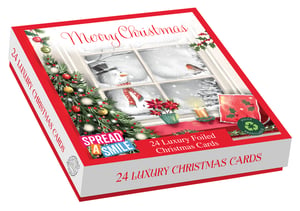 Bring the magic of the season home with our delightful 'Home For Christmas' luxury card pack! This exquisite set features 24 beautifully foiled Christmas cards, showcasing two charming designs per box. Each card captures a heartwarming window scene, complete with friendly snowmen, a cheerful robin, and a festive Christmas tree, perfect for sending warm wishes.
Designed to "Spread a Smile", these premium cards are ideal for sharing your Merry Christmas greetings with loved ones. What's more, they are fully recyclable, making them a thoughtful and eco-conscious choice. From Out of The Blue Studios, these luxury cards ensure your festive messages are sent in truly special style this year.