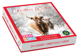 Send warm festive greetings this season with our exquisite 'Snowy Meadow' Christmas cards. This beautiful box contains 24 luxury foiled cards, featuring two charming designs of majestic Highland cows amidst a serene, snow-covered landscape. Each card is crafted to spread joy and 'Christmas Wishes' to your loved ones.
We're proud to support 'Spread a Smile' with every purchase, helping to bring happiness to children and teenagers facing serious illness. You'll also be pleased to know these delightful cards are fully recyclable, making them a thoughtful choice for the environment. Make your festive season extra special with these unique and high-quality cards.