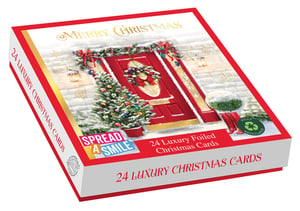 Send warm wishes this festive season with our beautiful 'Winter Garden' Christmas cards. This luxurious box contains 24 cards, featuring two enchanting designs to share with friends and family. Each card showcases a charming snowy front door scene, complete with a festive Christmas tree and wreath, and is elegantly foiled for a touch of seasonal sparkle. Designed to help you 'Spread a Smile', these high-quality cards are also fully recyclable, making them a thoughtful and eco-friendly choice. Make your greetings extra special this Christmas!