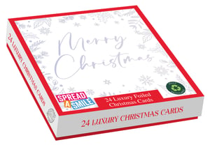 Get ready for the festive season with our beautiful 24 Luxury Cards Seasonal Script Christmas box! From Out of The Blue Studios Ltd., this exquisite collection features 24 premium foiled Christmas cards, perfect for spreading joy.
Each box contains two elegant designs, adorned with a delicate snowflake and foliage pattern, and a charming 'Merry Christmas' script. Not only are these cards a delight to send and receive, but they also support a wonderful cause with the 'Spread a Smile' initiative. Plus, you can feel good knowing they are fully recyclable. Stock up now and bring a touch of luxury to your customers' holiday greetings!
