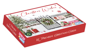 Share the magic of the season with our enchanting 12 Landscape Premium Christmas Cards. This beautiful box, aptly named 'Christmas Wishes', contains 12 premium cards, all featuring a single, heartwarming design. Immerse yourself in a serene snowy scene, complete with a charming, wreath-decorated gate, a sparkling Christmas tree, and thoughtfully placed festive presents – truly a 'Home For Christmas' feel. These landscape-oriented cards are perfect for sending your warmest greetings. We're proud to say they're fully recycled, helping you spread cheer sustainably. Look for the 'Spread a Smile' logo, a promise that these cards will bring joy. From Out of The Blue Studios Ltd, these are the perfect choice for heartfelt festive connections.
