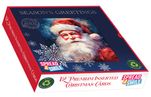 Send warm wishes this festive season with our exquisite 12 Square Premium 'Slide' Santa Claus Cards. Each beautifully designed 'slide' box holds 12 identical premium inserted Christmas cards, showcasing a charming, classic Santa Claus portrait that captures the true spirit of Christmas. Perfect for spreading joy, these Season's Greetings cards offer a touch of traditional elegance. Plus, you can feel good knowing they are fully recyclable, helping you celebrate sustainably. Designed to 'Spread a Smile', these cards are a wonderful way to connect with loved ones and share the magic of the holidays.