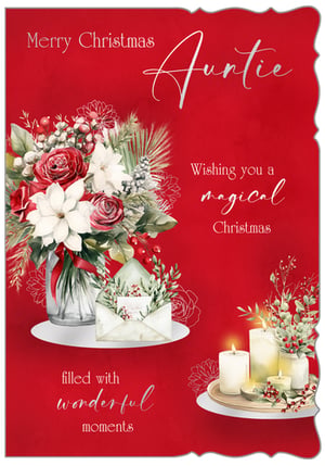Offer your customers a truly special way to wish their Auntie a Merry Christmas with this exquisite card from Out of The Blue Studios Ltd. This beautiful design features a rich, festive red background, adorned with a stunning watercolour bouquet of classic red roses, elegant white poinsettias, and winter berries, evoking warmth and joy.
The heartfelt message, "Merry Christmas Auntie, Wishing you a magical Christmas filled with wonderful moments," is beautifully scripted. Complementing the floral artistry are glowing candles and a charming open envelope detail, adding to the card's enchanting appeal. Perfect for expressing love and festive cheer, this delightful card is supplied in a convenient pack of 6, ensuring you're well-stocked for the season.