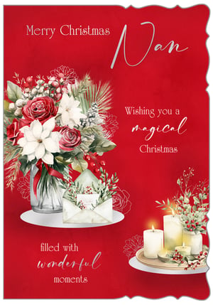 Make this Christmas extra special for grandmothers with our beautiful 'Nan' Christmas card. Designed by Out of The Blue Studios Ltd., this card features a rich red background adorned with a stunning array of festive botanicals, including classic red roses, white poinsettias, and winter berries. Delicate line art and glowing candles create a warm, magical atmosphere. The heartfelt message, 'Wishing you a magical Christmas filled with wonderful moments', perfectly conveys festive cheer. Each pack contains 6 cards, making it easy to stock up on this elegant design. A truly charming choice for your seasonal collection.