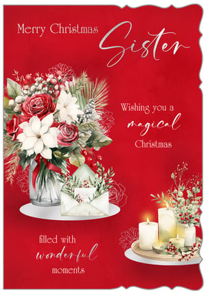 Celebrate the special bond with our beautiful 'Sister' Christmas card, designed to convey heartfelt festive wishes. This exquisite card features a stunning arrangement of classic Christmas florals, including vibrant red roses, elegant white poinsettias, and festive berries, all set against a rich red background. Delicate silver accents and warm candlelight add a touch of magic and sophistication.
Perfect for retailers looking to offer a truly special card, each design wishes a 'magical Christmas filled with wonderful moments'. Supplied by Out of The Blue Studios Ltd, these cards come in a convenient pack size of 1x6, ensuring your customers can find the perfect way to show their sister how much they care this holiday season.