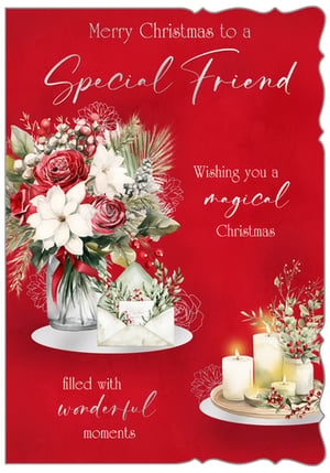 Help your customers celebrate special friendships this Christmas with our delightful 'Friend Female' card, available in a wholesale pack of 6 from Out of The Blue Studios Ltd. This elegant design, set against a rich red backdrop, features a beautiful watercolour bouquet of red roses, white poinsettias, and festive berries. Gently lit candles and a charming festive envelope add to the warm, inviting scene. With heartfelt messages like 'Merry Christmas to a Special Friend' and 'Wishing you a magical Christmas filled with wonderful moments', this card is ideal for conveying warm wishes. Offer your shoppers a truly lovely option for their cherished friends this holiday season.