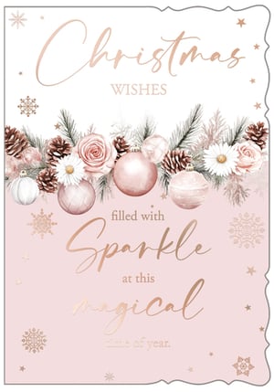 Help your customers spread festive cheer with our beautifully designed 'Open Female' Christmas card. This charming card features a soft blush pink and elegant rose gold palette, adorned with delicate baubles, festive pine cones, and pretty floral details. The heartfelt message, 'Christmas WISHES filled with Sparkle at this magical time of year,' offers a warm sentiment for the season. Perfect for friends, family, or colleagues, this card provides a sophisticated way to connect. Supplied by Out of The Blue Studios Ltd., each pack contains 6 cards, ensuring you're well-stocked for the holiday rush.