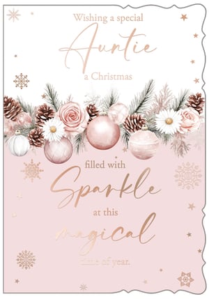 Celebrate a special Auntie this Christmas with this beautifully designed card from Out of The Blue Studios Ltd. Featuring a charming blend of festive foliage, delicate pink roses, and sparkling baubles, all set against a soft pink and white backdrop. The elegant script and rose gold foil accents truly make the message "Wishing a special Auntie a Christmas filled with Sparkle at this magical time of year" shine. This card offers a warm and heartfelt way to send festive greetings. Available in a convenient pack of 6, it's a wonderful addition to your seasonal card range, ready to bring joy to your customers.