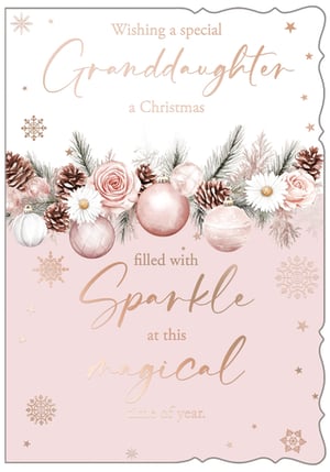 Delight your customers with this exquisite Christmas card, specially designed for a cherished Granddaughter. Featuring a beautiful blend of soft rose gold and blush pink tones, this card exudes elegance and warmth. The festive design showcases delicate watercolour illustrations of pinecones, roses, daisies, and shimmering baubles, all framed by a scattering of snowflakes and stars. The heartfelt message, "Wishing a special Granddaughter a Christmas filled with Sparkle at this magical time of year," is presented in a charming script font. Perfect for retailers looking to offer high-quality, thoughtful Christmas greetings. Supplied by Out of The Blue Studios Ltd., each pack contains 6 cards.