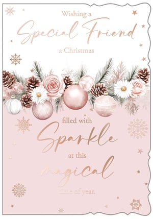 Celebrate the festive season with our beautiful 'Friend Female' Christmas card, perfect for that special friend in your life. This elegant design features a delightful blend of soft pinks and rose gold accents, adorned with delicate baubles, pinecones, and charming winter florals like roses and daisies. The heartfelt message, "Wishing a Special Friend a Christmas filled with Sparkle at this magical time of year," is beautifully scripted, adding a touch of warmth and magic. Supplied by Out of The Blue Studios Ltd., these cards come in a convenient pack of 6, ready to bring joy and sparkle to your customers' loved ones this Christmas.