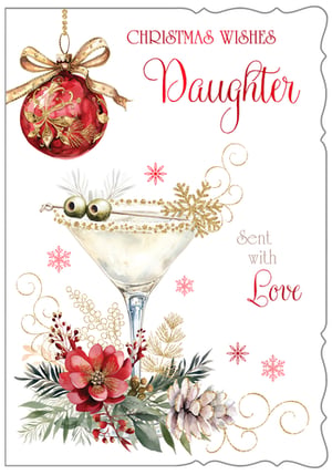 Make her Christmas extra special with this beautiful 'Daughter' card from Out of The Blue Studios Ltd. This elegant design captures the festive spirit perfectly, featuring a stunning red bauble adorned with golden ribbon and intricate details. A sophisticated martini glass, complete with olive garnish and a sparkling gold snowflake, adds a touch of celebratory cheer.
The card is beautifully finished with a rich arrangement of red flowers, lush green foliage, and a charming pinecone, all accented with delicate golden swirls. With 'Christmas Wishes' and 'Sent with Love' gracefully inscribed, it's the ideal way to show your Daughter how much she means to you. Available in a convenient 1x6 pack size for your retail needs.