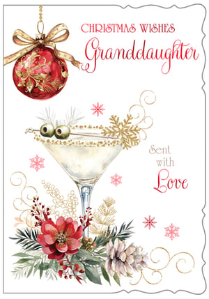 Make her Christmas truly special with this beautiful 'Granddaughter' card! From the talented designers at Out of The Blue Studios Ltd., this card is a festive delight. It features a gorgeous red bauble, a sparkling martini glass with a golden snowflake, and an elegant arrangement of winter flowers and foliage. Delicate red snowflakes and shimmering gold accents add a touch of magic to the watercolour design. With 'Christmas Wishes Granddaughter' and 'Sent with Love' beautifully scripted, it's the perfect way to send heartfelt greetings. Each pack contains 6 of these charming cards, ready to bring joy this festive season.