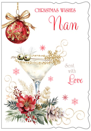 Send warm Christmas wishes to Nan with this beautifully designed Christmas card from Out of The Blue Studios Ltd. This elegant card features a festive martini, complete with olives and a sparkling gold snowflake, perfect for celebrating the season. A classic red bauble and a charming arrangement of red flowers, lush foliage, and a delicate pine cone add to its sophisticated appeal. Adorned with subtle pink snowflakes and golden swirls, this card truly expresses 'Sent with Love'. It's a delightful choice for your customers looking for something special for their beloved Nan this Christmas. Available in a convenient pack size of 1x6.
