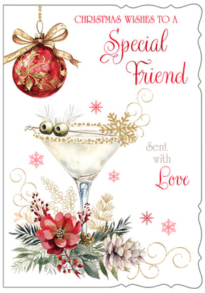 Help your customers celebrate a special bond this Christmas with our "Friend Female" card. This elegant design features a festive red bauble and a chic martini glass, beautifully adorned with golden glitter and a sparkling snowflake. A charming arrangement of red flowers, green foliage, and a delicate pinecone creates a sophisticated winter scene. The heartfelt message, "Christmas Wishes to a Special Friend, Sent with Love," makes it the perfect choice for conveying warm sentiments. Supplied by Out of The Blue Studios Ltd, these delightful cards come in a convenient pack of 6, ready to bring joy to friends this holiday season.