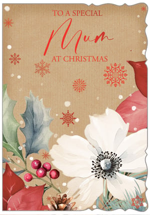 Help your customers celebrate Mum this Christmas with our delightful 'Mum' Christmas card. This charming design from Out of The Blue Studios Ltd. features a beautiful watercolour illustration on a rustic kraft background, creating a warm and festive feel. Adorned with a delicate white flower, vibrant red berries, and classic holly, all complemented by intricate snowflakes, it's a truly special card. The heartfelt message 'TO A SPECIAL Mum AT CHRISTMAS' is perfect for showing appreciation. Available in a convenient pack of 6, these cards are ready to bring festive cheer to every special Mum.