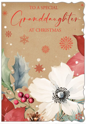 Make Christmas extra special for a beloved granddaughter with this exquisite card from Out of The Blue Studios Ltd. Titled 'Granddaughter', this charming design features a rustic kraft paper effect background, beautifully enhanced with delicate red snowflakes and falling white snow. Elegant watercolour illustrations adorn the base, showcasing a stunning white anemone-style flower, classic holly, vibrant red berries, and festive poinsettia leaves. The heartfelt message "TO A SPECIAL Granddaughter AT CHRISTMAS" is presented in a lovely red script and serif font. Stock up with ease – these delightful cards are available in a convenient pack of 6. A truly memorable way to send festive greetings.