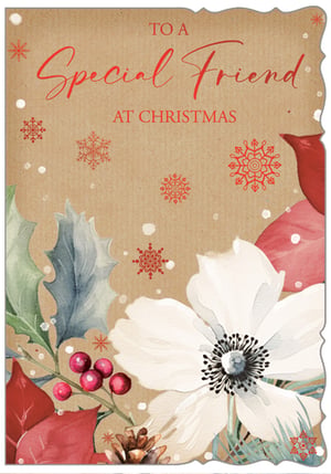 Help your customers celebrate special friendships this Christmas with our lovely 'Friend Female' card from Out of The Blue Studios Ltd. This beautiful design features a warm, rustic kraft background adorned with elegant watercolour illustrations of festive blooms and foliage.
A striking white flower, rich red poinsettia leaves, classic holly with berries, and a natural pine cone create a truly charming scene, complemented by delicate red snowflakes and falling snow. The heartfelt message 'TO A Special Friend AT CHRISTMAS' makes it perfect for conveying warm holiday wishes. Supplied in a convenient pack of 6, these cards are a wonderful addition to your seasonal collection.
