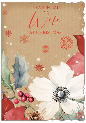 Delight your customers with this truly special Christmas card, designed with love for a wonderful Wife. Featuring a charming rustic kraft paper background, this card is beautifully adorned with elegant watercolour illustrations. Delicate festive foliage, vibrant red berries, a serene white flower, and a touch of pine cone detailing create a warm, natural feel. Red snowflakes and subtle white accents add to the seasonal magic. The heartfelt message, 'TO A SPECIAL Wife AT CHRISTMAS', is presented in a lovely script and classic font. Perfect for those seeking a thoughtful and high-quality card, this design from Out of The Blue Studios Ltd. comes in a convenient pack of 6, ready to grace your shelves this festive season.
