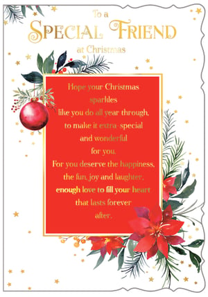 Send warm festive wishes to a cherished friend this Christmas with our beautiful 'Friend Female' card from Out of The Blue Studios Ltd. This delightful design features a classic red bauble, lush green foliage, and vibrant poinsettias, all accented with sparkling gold stars. The heartfelt message inside wishes them a Christmas that sparkles like they do all year through, filled with happiness, fun, joy, laughter, and enough love to last forever. Perfect for showing appreciation, this card is sure to bring a smile to any special friend. Available in a convenient pack size of 1x6, ensuring you're stocked for the festive season.