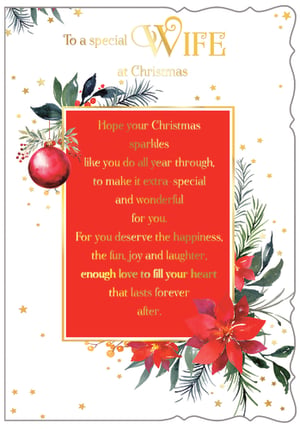 Show your amazing wife how much she means to you this festive season with this beautiful Christmas card from Out of The Blue Studios Ltd. Adorned with classic poinsettias, festive berries, pine foliage, and a shimmering bauble, all highlighted with golden stars, this card exudes Christmas charm. The heartfelt message inside wishes her a Christmas that sparkles as much as she does, making it "extra-special and wonderful." It promises her the happiness, fun, joy, laughter, and everlasting love she truly deserves. This 'Wife' card is the perfect way to convey your affection. Available in a convenient pack of 6.