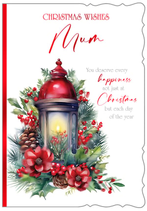 Help your customers send the perfect Christmas wishes to Mum with this beautiful card from Out of The Blue Studios Ltd. Our "Mum" Christmas card showcases a charming festive lantern, glowing softly among a delightful display of pine branches, vibrant red berries, and elegant poinsettia-style flowers. The heartfelt message inside reads, "You deserve every happiness not just at Christmas but each day of the year," offering a truly warm sentiment. This classic design, with its traditional Christmas colours and thoughtful wording, is sure to be a popular choice. Available for wholesale in a handy pack of 6, it’s an ideal addition to your seasonal card range.