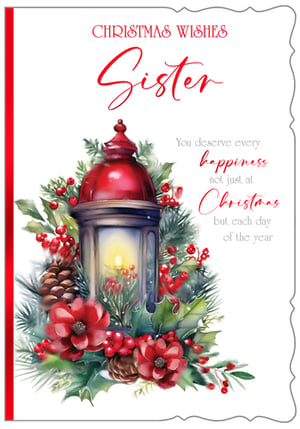 Show your wonderful sister how much she means to you this Christmas with this truly special card. Featuring a beautifully illustrated festive lantern, glowing softly amidst traditional holly, vibrant red berries, and lush pine foliage, this design captures the cosy spirit of the season. The warm, watercolour artistry creates a memorable keepsake. Inside, a heartfelt message extends wishes for her happiness not just at Christmas, but every single day of the year. It's the perfect way to send your love and warmest Christmas wishes.