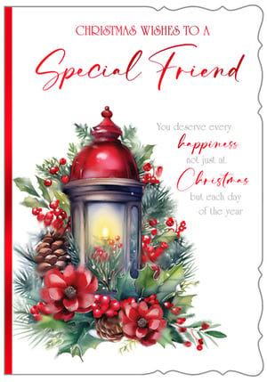 Send heartfelt festive wishes to a cherished friend with this beautiful Christmas card from Out of The Blue Studios Ltd. The enchanting design features a warm, glowing lantern nestled amongst lush pine branches, vibrant red berries, and elegant festive flowers, evoking a cosy holiday atmosphere.
The thoughtful message, "You deserve every happiness not just at Christmas but each day of the year," perfectly expresses appreciation for a special female friend. This delightful card is supplied in a convenient pack of 6, making it easy for your customers to share joy and warmth this festive season.