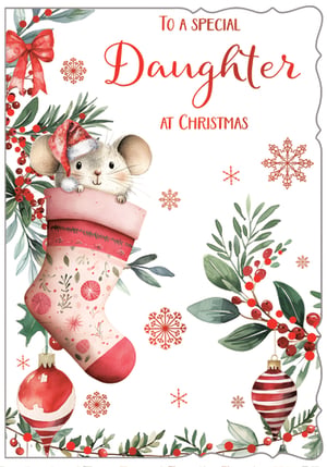 Offer your customers a truly heartwarming choice this festive season with our 'Daughter' Christmas card from Out of The Blue Studios Ltd. This enchanting design features an adorable little mouse, complete with a Santa hat, peeking out from a beautifully decorated Christmas stocking.
Adorned with delicate watercolour illustrations of holly, berries, pine branches, and festive snowflakes, this card perfectly captures the magic of Christmas. The sweet message, "TO A SPECIAL Daughter AT CHRISTMAS," makes it an ideal way to celebrate a beloved daughter. Each pack contains 6 of these charming cards, ready to bring a smile to any recipient. A delightful addition to your seasonal greeting card selection.