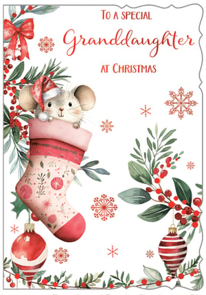 Make your granddaughter's Christmas extra special with this utterly charming card! Featuring an adorable little mouse peeking out from a festive stocking, complete with a tiny Santa hat, this card is sure to bring a smile to her face. Beautifully illustrated in a soft watercolour style, it's adorned with classic Christmas foliage, berries, and delicate snowflakes, creating a truly heartwarming design. The perfect way to send your love and best wishes this holiday season. This delightful 'Granddaughter' card is supplied by Out of The Blue Studios Ltd. and comes in a convenient pack of 6 (1x6).