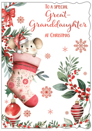 Delight your customers with this enchanting 'Great Granddaughter' Christmas card from Out of The Blue Studios Ltd. This heartwarming design features an adorable little mouse, complete with a festive Santa hat, peeking playfully from a beautifully decorated Christmas stocking.
The charming watercolour illustration is adorned with traditional holly, vibrant red berries, delicate snowflakes, and classic baubles, all set against a crisp white background. The sweet message, 'To a Special Great-Granddaughter at Christmas,' makes it the perfect choice for sending festive cheer.
Supplied in a convenient pack of 1x6, these cards are ideal for retailers looking to offer a truly special and memorable greeting this holiday season.