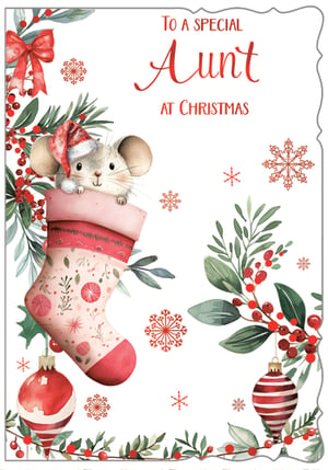 Introduce a touch of festive charm to your Christmas card collection with this delightful design for a special Aunt. From Out of The Blue Studios Ltd., this card features an irresistibly cute mouse in a Santa hat, peeking playfully from a beautifully decorated Christmas stocking.
The exquisite watercolour artwork captures the spirit of the season with lush green foliage, vibrant red berries, delicate snowflakes, and classic baubles. The heartfelt message 'TO A SPECIAL Aunt AT CHRISTMAS' makes it the perfect choice for showing love and appreciation. Available in convenient packs of 6, these charming cards are sure to be a popular choice for your customers this holiday season.
