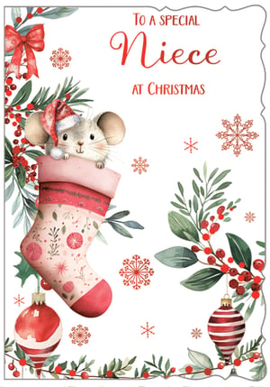 Send warm wishes to a special Niece this Christmas with this utterly charming card. Featuring an adorable little mouse peeking out from a festive stocking, complete with a tiny Santa hat, this design is sure to bring a smile. Beautifully illustrated in a soft watercolour style, it's adorned with classic Christmas foliage, berries, and delicate snowflakes. A truly sweet way to show your Niece how much she means to you during the festive season. This delightful design comes in a pack of 6, making it a perfect addition to your festive card selection.