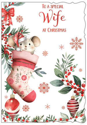 Help your customers express their love this Christmas with our delightful 'To a Special Wife' card. This charming design features a heartwarming watercolour illustration of an adorable mouse in a Santa hat, peeking playfully from a festive stocking. Surrounded by classic Christmas elements like lush green foliage, vibrant red berries, and elegant baubles, all accented with delicate snowflakes, it captures the magic of the season. The beautiful artistry and heartfelt sentiment make this card a perfect choice for wives everywhere. Supplied by Out of The Blue Studios Ltd, each pack contains 6 cards, ready to add a touch of festive cheer to your shelves.