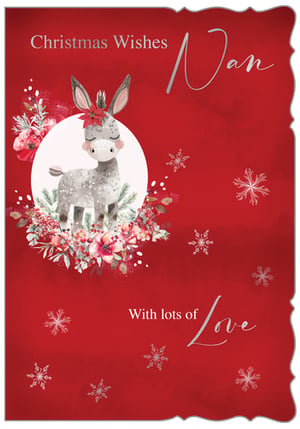 Make Christmas extra special for Nans everywhere with this delightful 'Nan' Christmas card from Out of The Blue Studios Ltd. Featuring an utterly charming donkey adorned with a festive poinsettia and surrounded by a beautiful floral wreath, this card is sure to bring a smile. The rich red background, accented with elegant silver snowflakes and a decorative wavy edge, creates a truly luxurious feel. With warm 'Christmas Wishes' and 'With lots of Love' sentiments, it's the perfect way for customers to show their appreciation. Stock up on these heartwarming cards, available in a convenient 1x6 pack, and offer your shoppers a truly special option for their beloved grandmothers this festive season.
