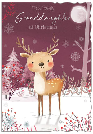 Share the magic of Christmas with this enchanting card, specially designed for granddaughters. From Out of The Blue Studios Ltd., this delightful greeting features an adorable, smiling reindeer nestled in a whimsical snowy scene. The rich plum background is adorned with delicate snowflakes, festive trees, and winter berries, all under a soft moonlit sky. The sweet message, 'To a lovely Granddaughter at Christmas', is beautifully scripted, making it the perfect way to send festive cheer. Stock up on this charming design, available in a convenient pack of 1x6.