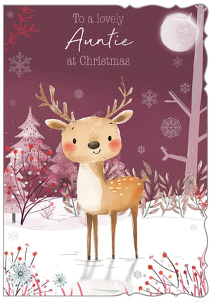 Bring festive cheer to your shelves with our charming 'Auntie' Christmas card. This delightful design features an adorable reindeer, complete with rosy cheeks and antlers, set against a magical winter wonderland. Snow-dusted trees, delicate snowflakes, and a soft moon create a serene backdrop in rich purple and pink hues.
The card carries the heartfelt message, "To a lovely Auntie at Christmas," making it the perfect way for your customers to show appreciation to a special family member. Its whimsical illustration and warm colour palette are sure to capture attention.
Supplied by Out of The Blue Studios Ltd., these beautiful cards are available in a convenient pack size of 1x6, ready to enchant your customers this holiday season.