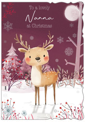 Bring a smile to every Nanna's face this Christmas with our adorable 'Nanna' Christmas card! From Out of The Blue Studios Ltd., this charming design features a sweet, rosy-cheeked reindeer standing in a magical, snow-covered winter wonderland. Delicate snowflakes fall around festive trees and berries, all under the soft glow of the moon.
The heartfelt message, 'To a lovely Nanna at Christmas', is beautifully scripted, making it the perfect way to show appreciation. This delightful card is sure to stand out on any mantelpiece. Available in a convenient pack size of 1x6, it's an ideal addition to your festive card collection.